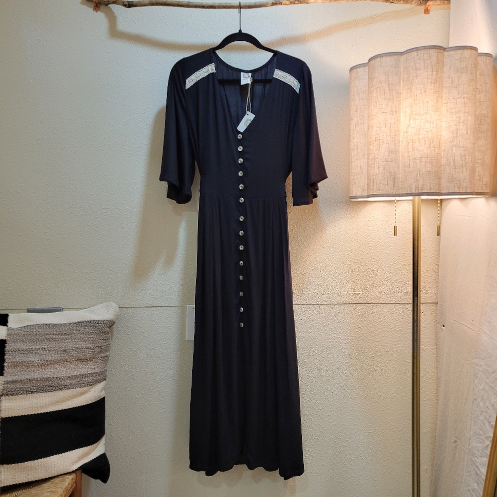 ELF Black With Lace Long Sleeve Button Dress